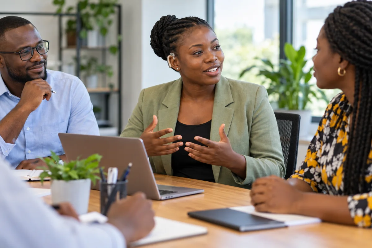 A Ghanaian applicant discussing accessible recruitment materials at a desk