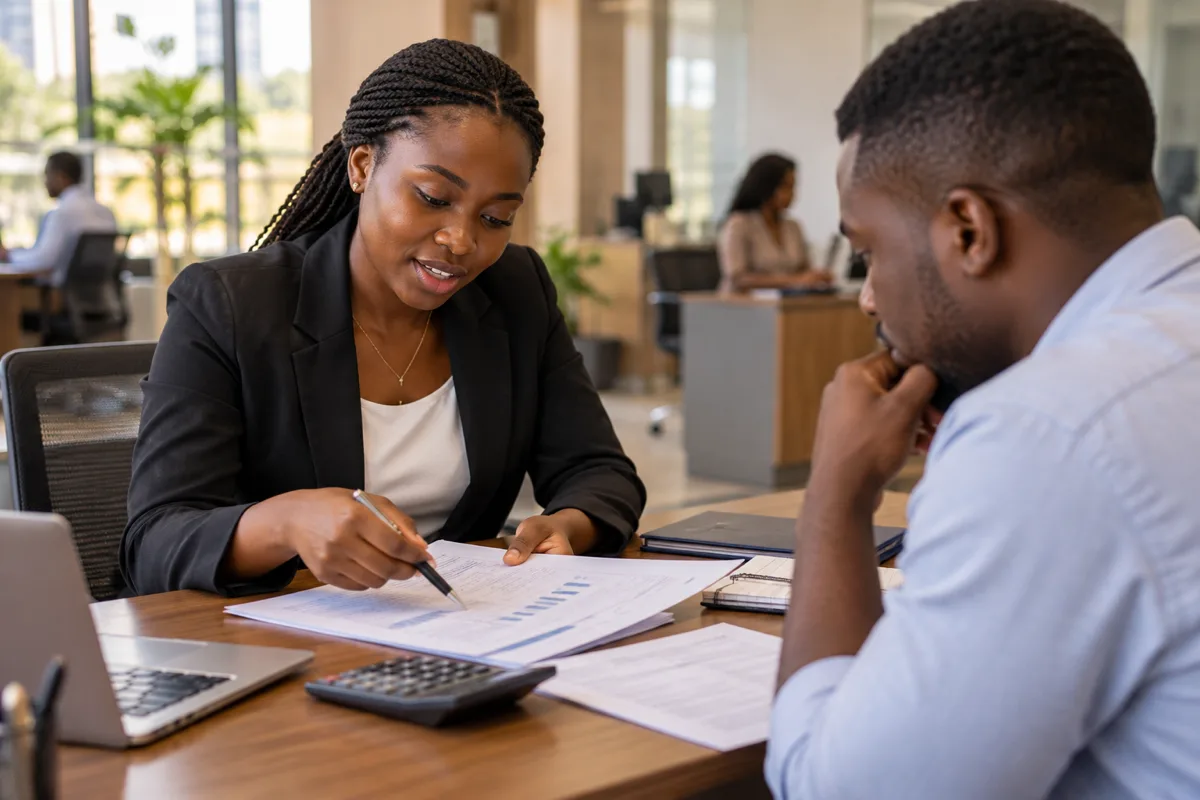 Ghanaian banking applicant studying a bank careers page and customer service notes