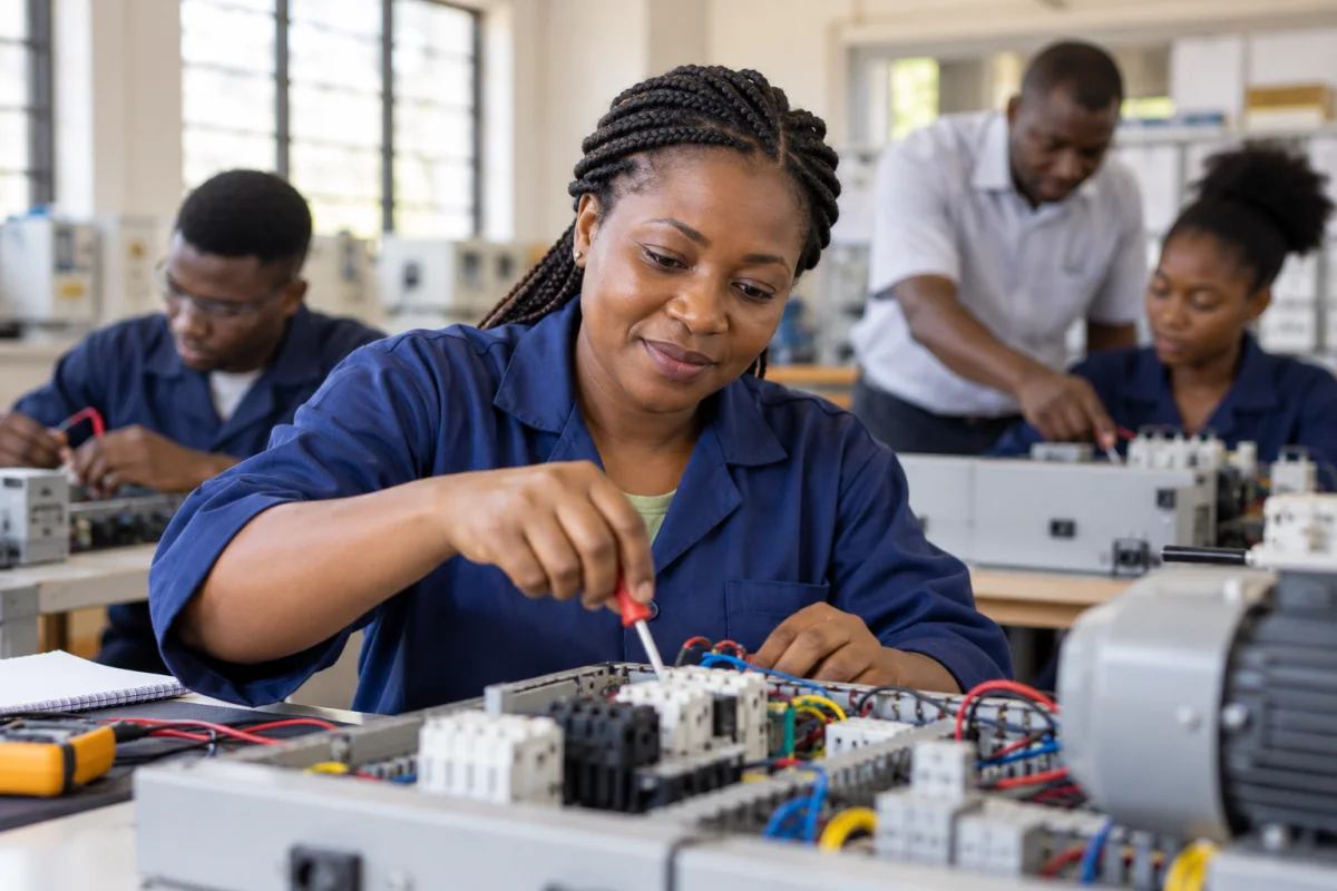 A technician learning new skills at an electronics workbench