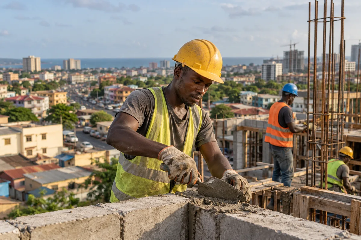 Ghanaian construction applicant reviewing drawings and site work conditions