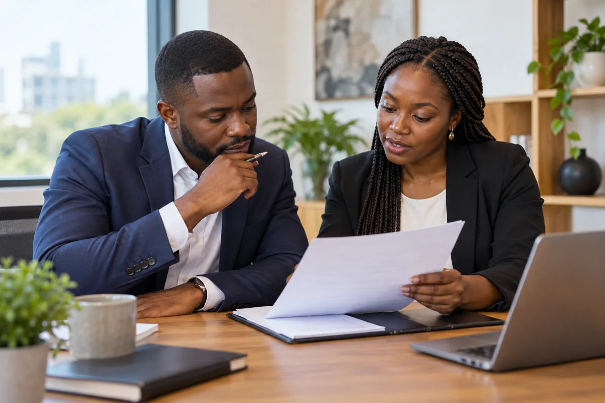 A Ghanaian applicant reviewing the printed terms of a job offer at a desk