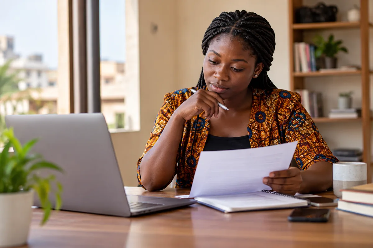 Ghanaian applicant drafting a tailored cover letter beside a vacancy notice