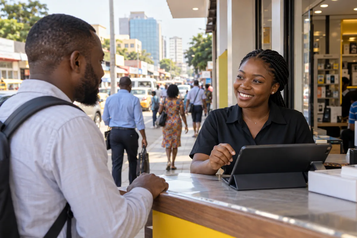 Ghanaian service applicant checking a customer support job and shift schedule