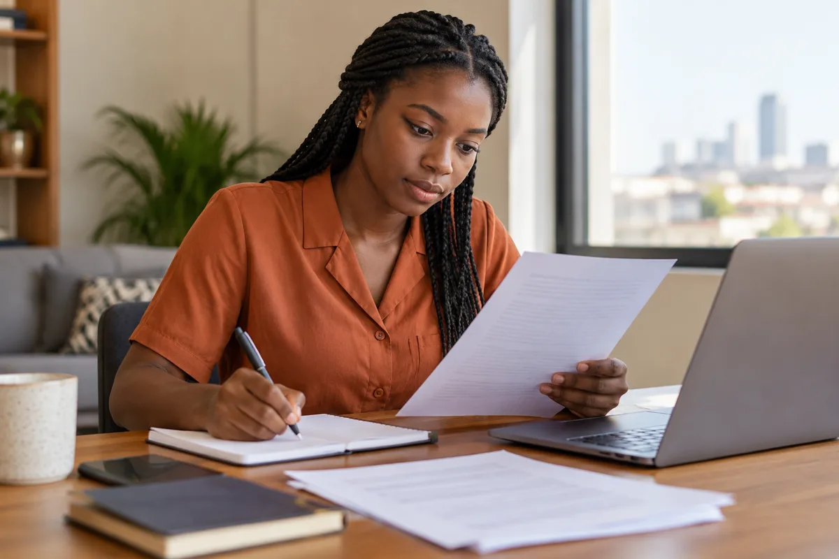 Ghanaian applicant editing a CV beside a laptop and notebook