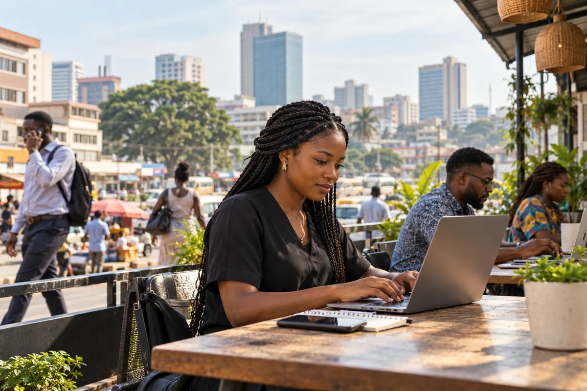Ghanaian learner building a digital portfolio beside an employer vacancy