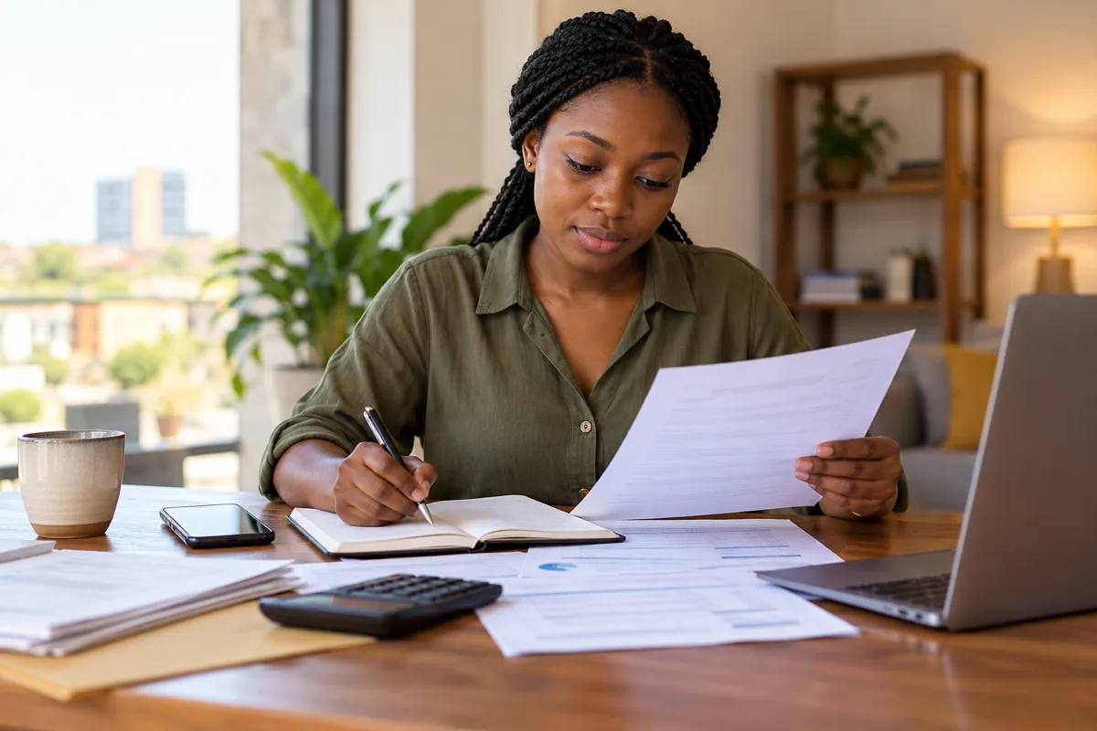 Ghanaian first-job worker comparing a payslip with bank records