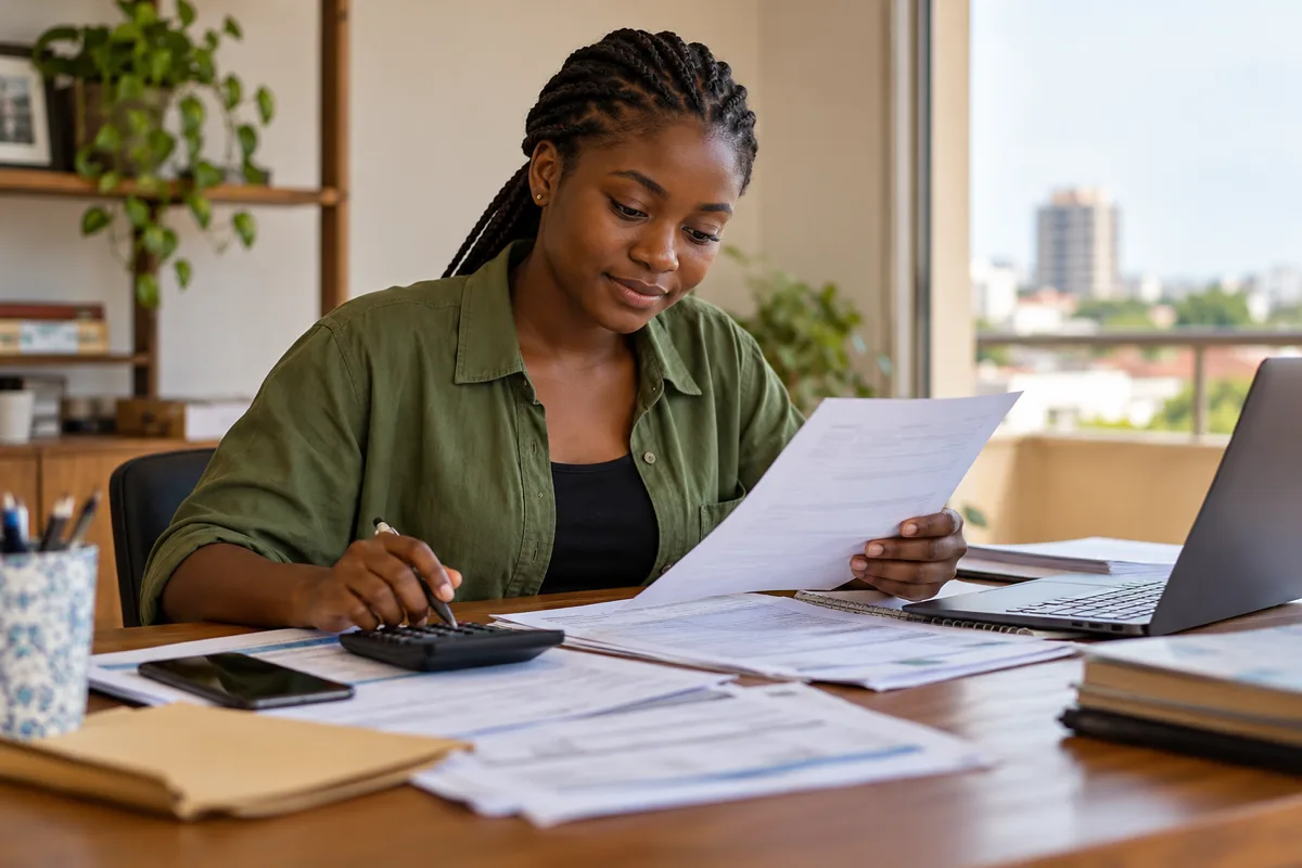 Ghanaian first-job applicant reviewing Ghana Card and payroll instructions privately