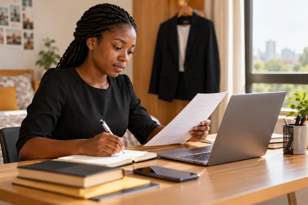 Ghanaian graduate reviewing trainee programme terms and application dates