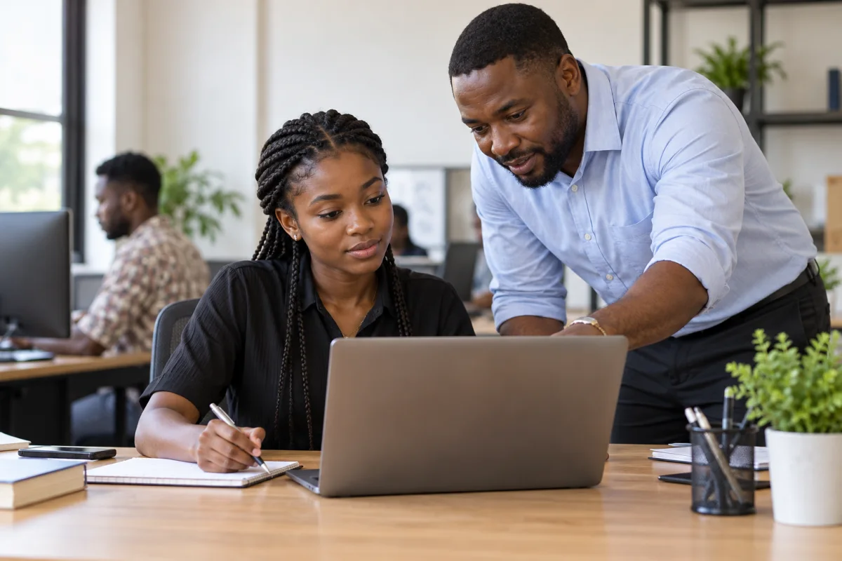 A Ghanaian graduate planning internship applications with a laptop and notebook