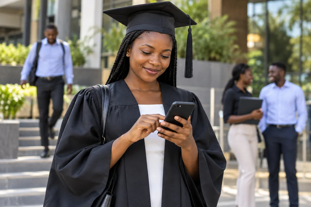 A young woman checking new job alerts on her phone