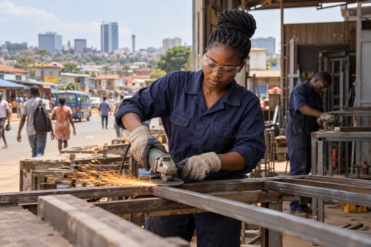 Ghanaian manufacturing applicant reviewing quality records near a factory