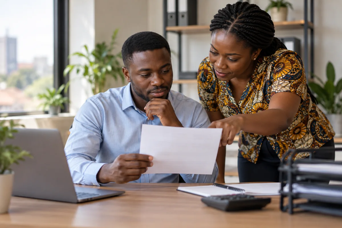 A Ghanaian worker checking a payslip and bank statement with a calculator
