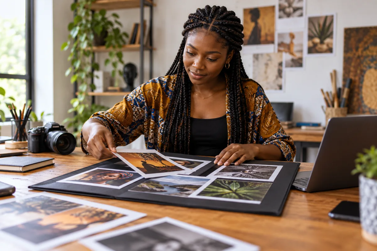 A Ghanaian applicant selecting work samples for a simple digital portfolio