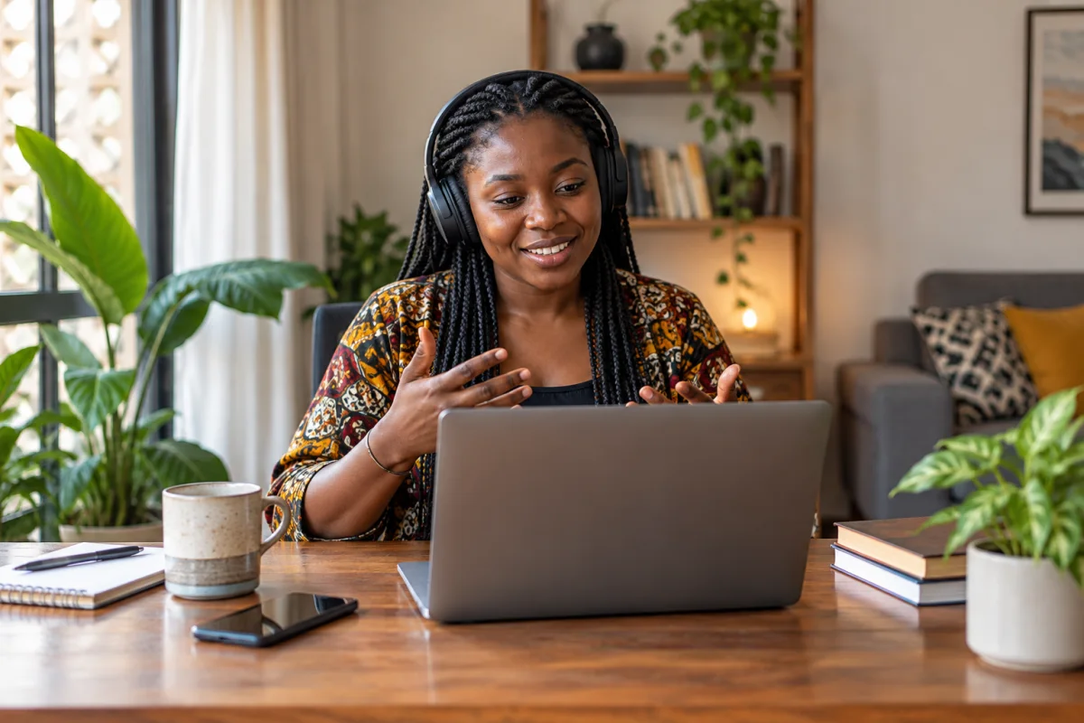 A Ghanaian job seeker comparing remote job terms at a desk