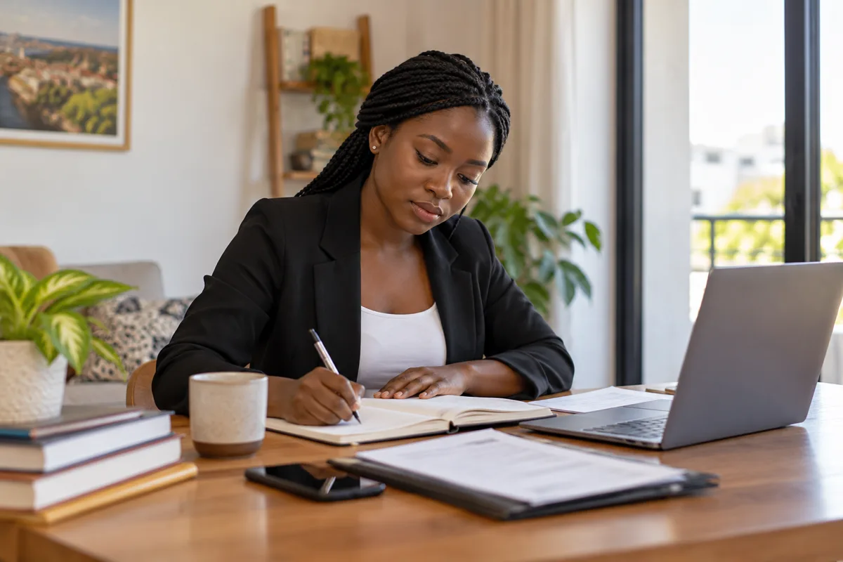 Ghanaian employee preparing a resignation letter and handover list