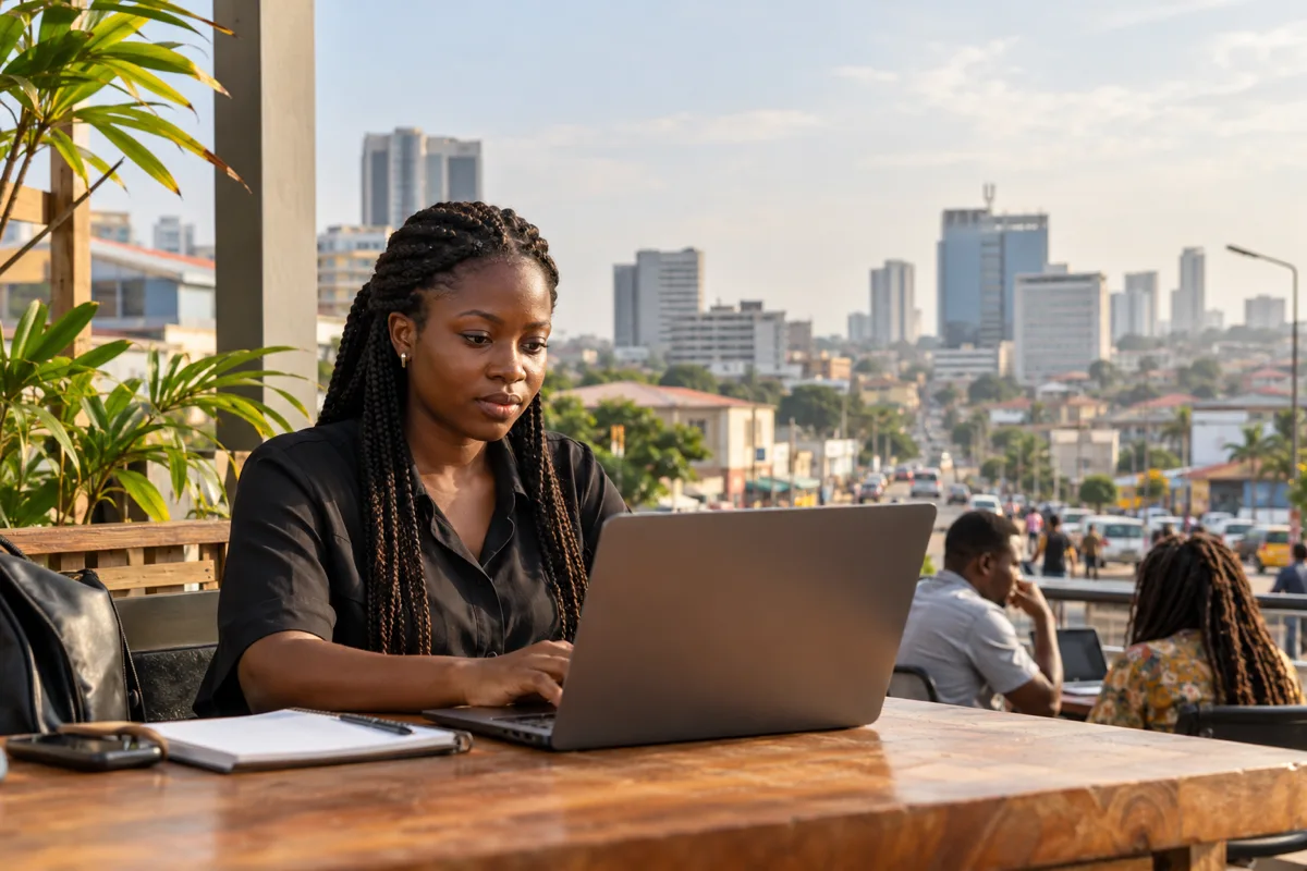 Ghanaian developer reviewing code samples and an employer careers page