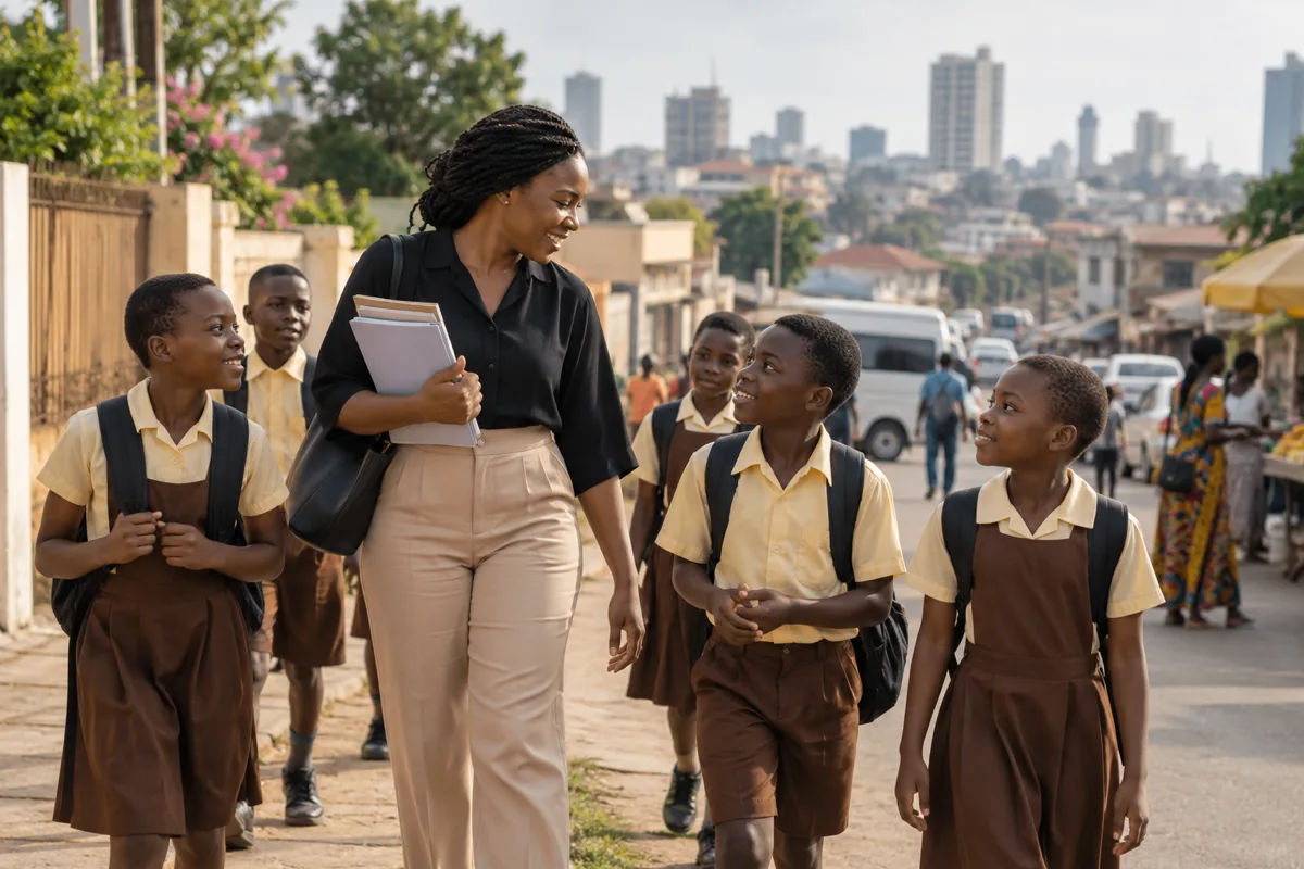 Ghanaian teacher reviewing lesson plans and an official recruitment page