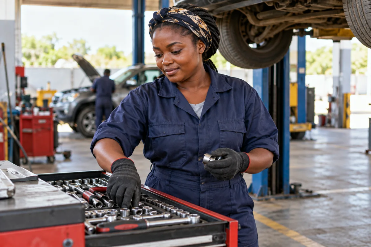 A Ghanaian trades trainee documenting a safe practical workshop task