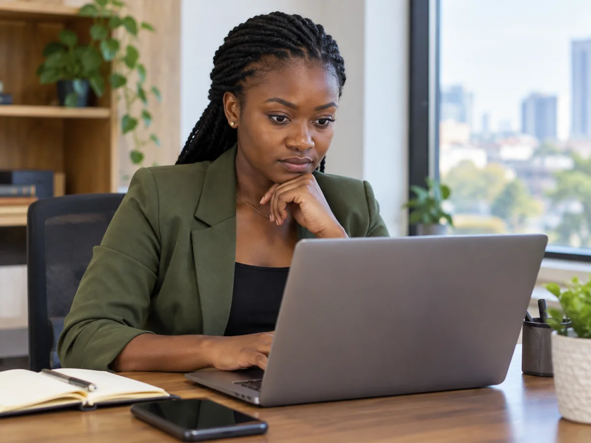 A professional working at a laptop in an office.