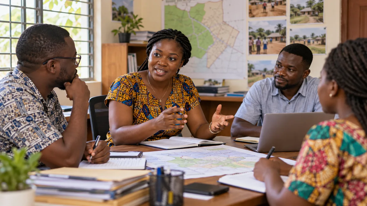 Community workers planning around a table.